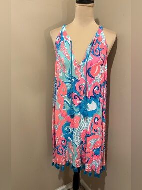 Lilly Pulitzer Roxy Coral & Aqua Mini Deep V Summer Dress, tassels, medium